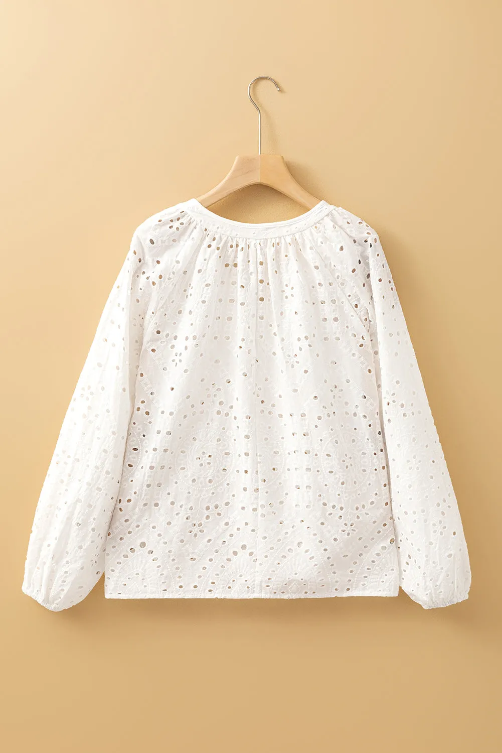 White Eyelet Embroidered Puff Sleeve V Neck Blouse