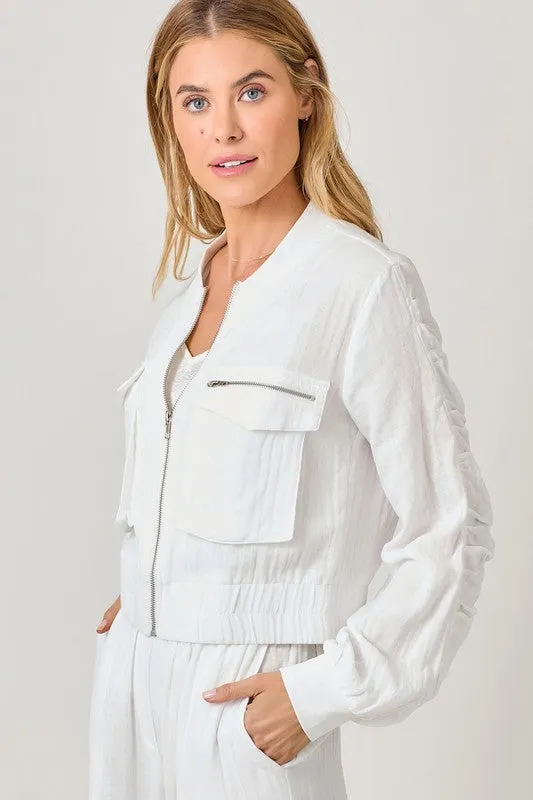 White Linen Bomber Jacket