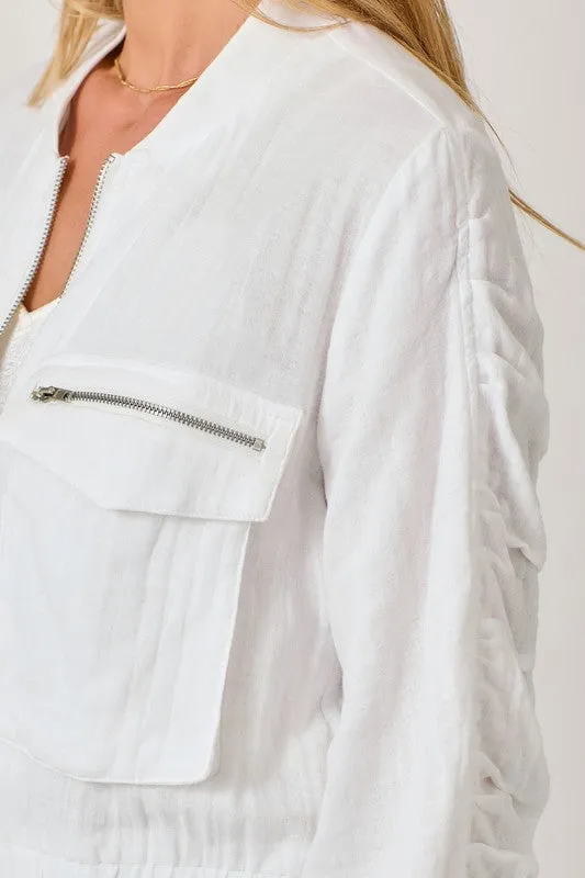 White Linen Bomber Jacket
