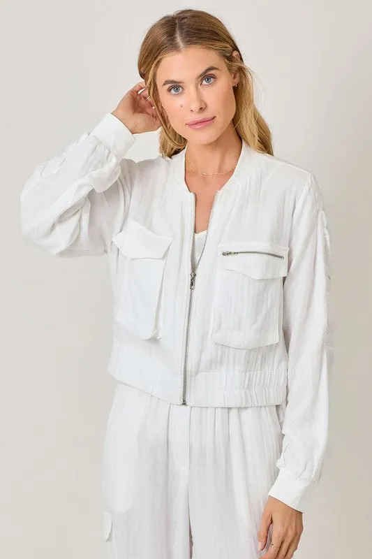 White Linen Bomber Jacket