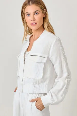 White Linen Bomber Jacket