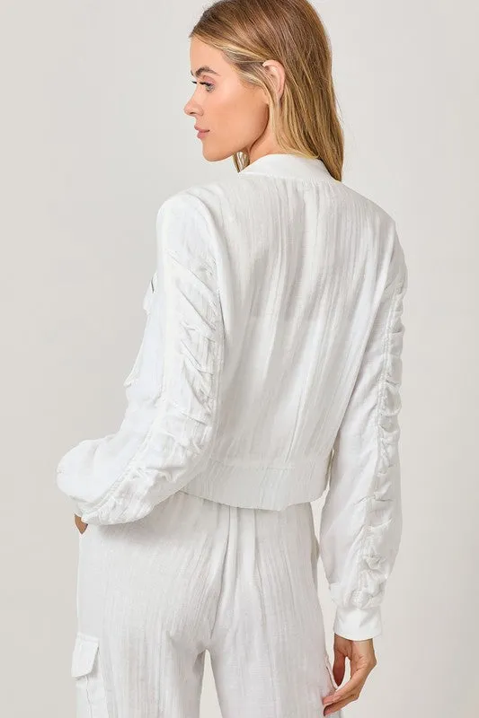 White Linen Bomber Jacket