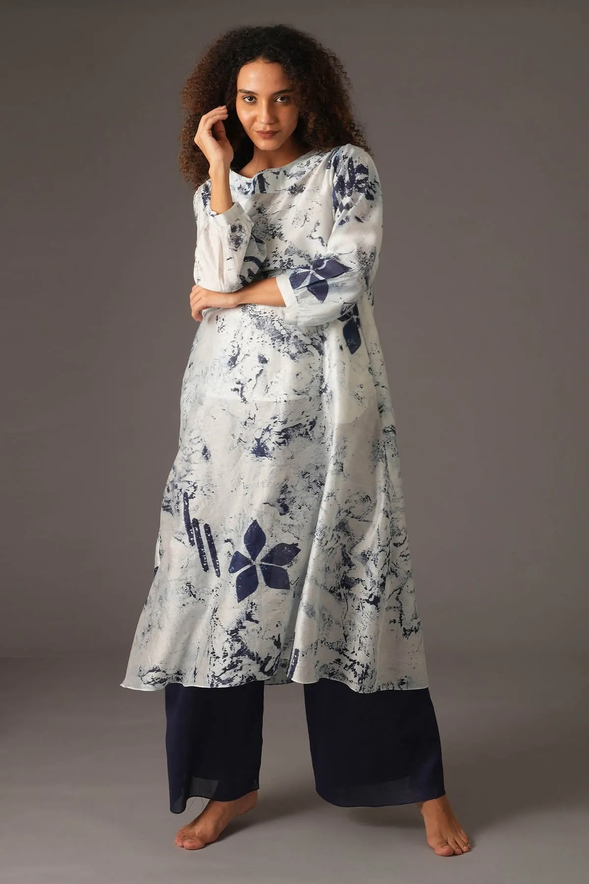 White Print Flared Kurta & Pants