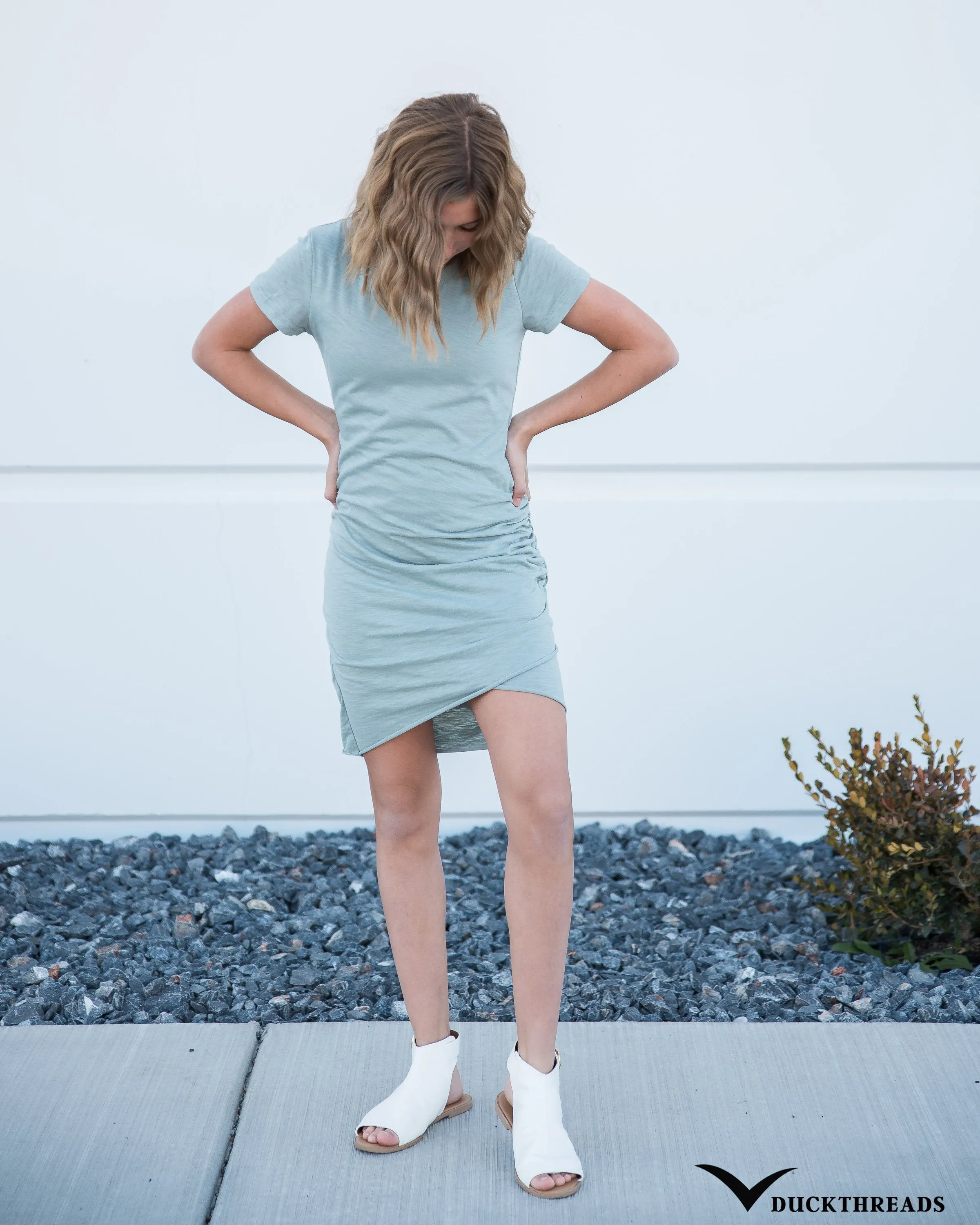 Woman's Casual Tee Shirt Dress with Tulip Hemline in Steel Blue