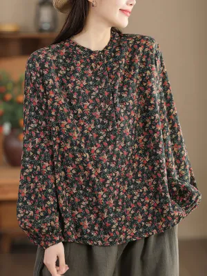 Women Artsy Flower Stand Collar Cotton Shirt
