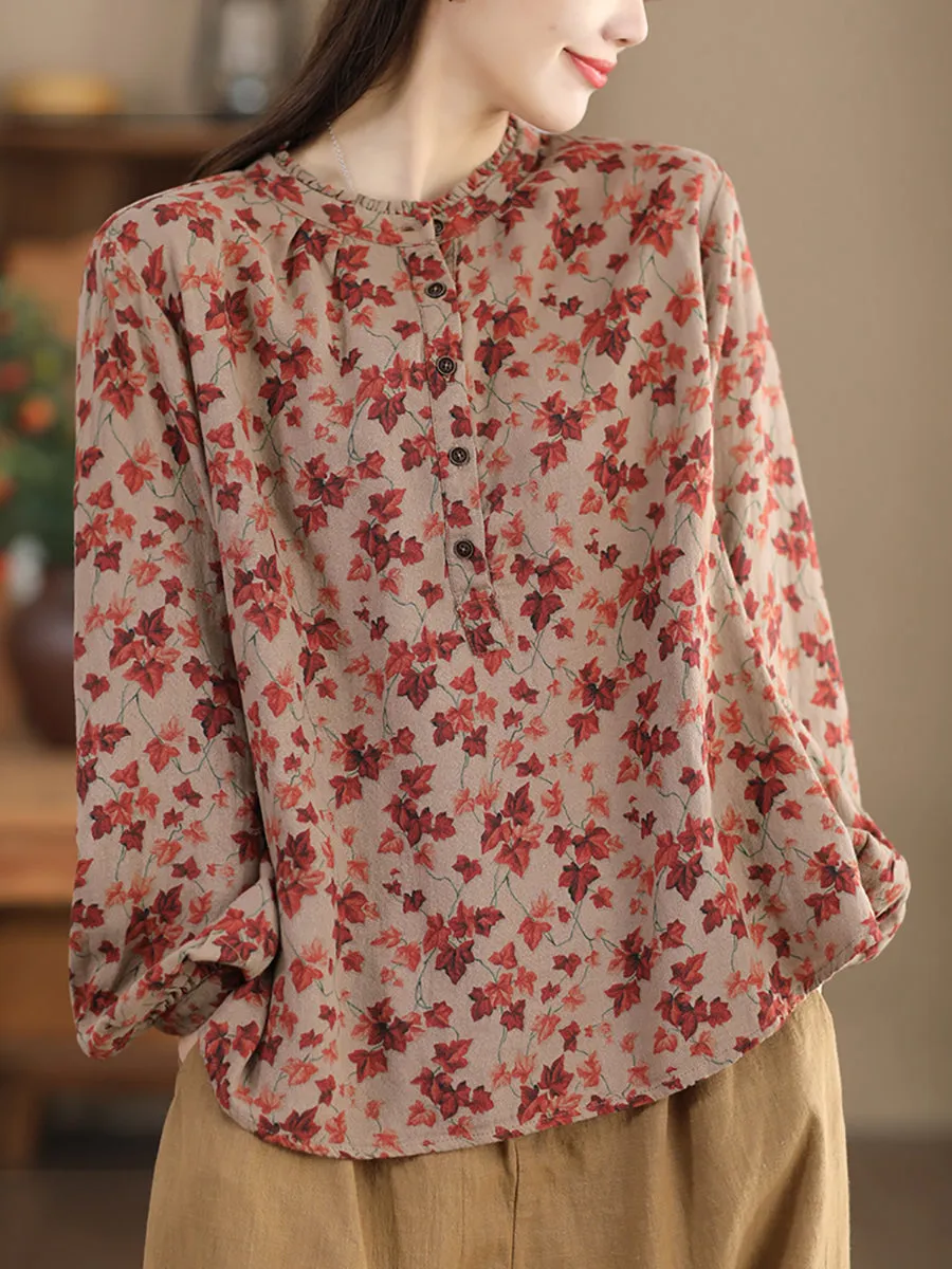 Women Artsy Flower Stand Collar Cotton Shirt
