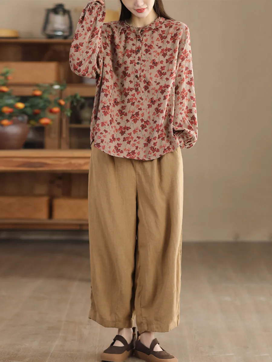 Women Artsy Flower Stand Collar Cotton Shirt