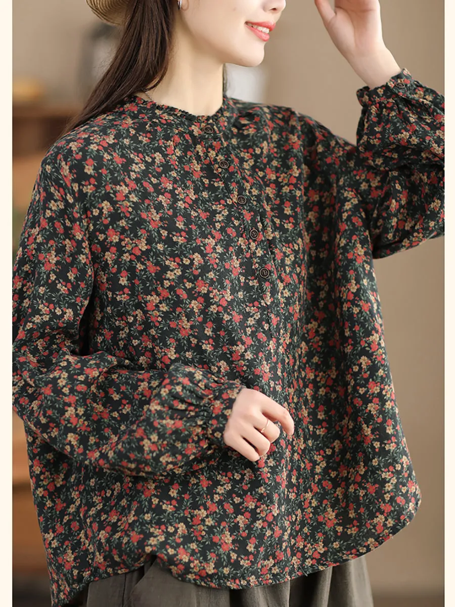 Women Artsy Flower Stand Collar Cotton Shirt