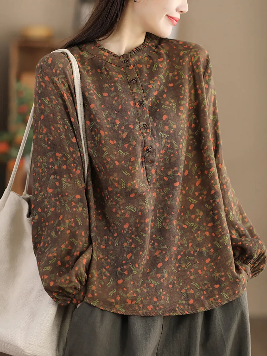 Women Artsy Flower Stand Collar Cotton Shirt