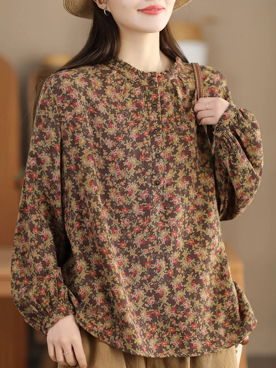 Women Artsy Flower Stand Collar Cotton Shirt