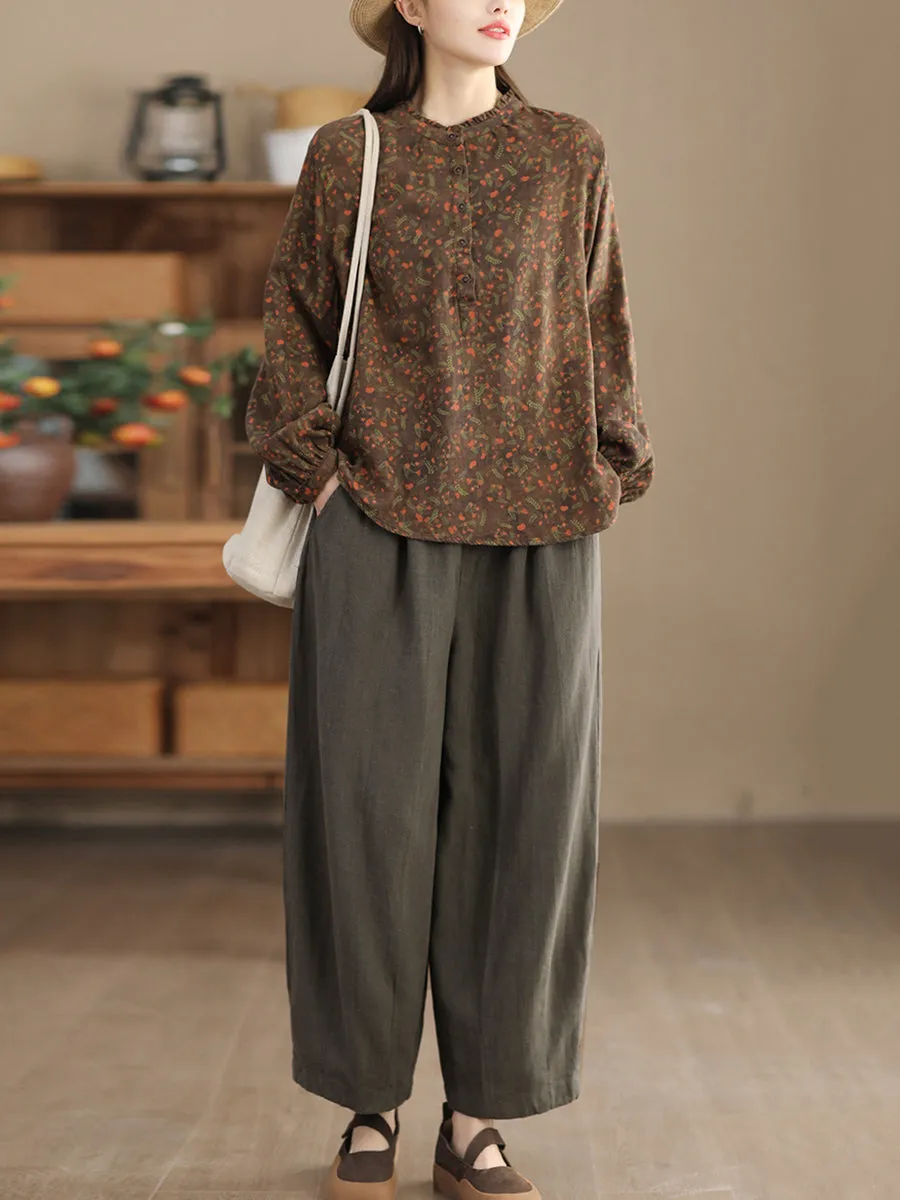 Women Artsy Flower Stand Collar Cotton Shirt