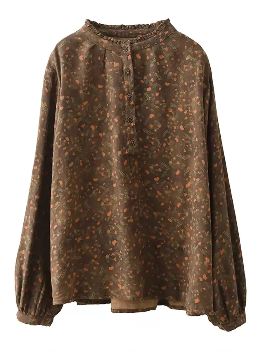 Women Artsy Flower Stand Collar Cotton Shirt