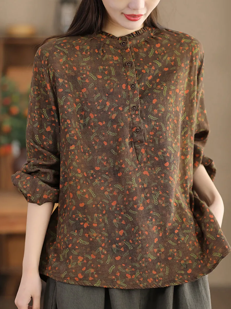 Women Artsy Flower Stand Collar Cotton Shirt