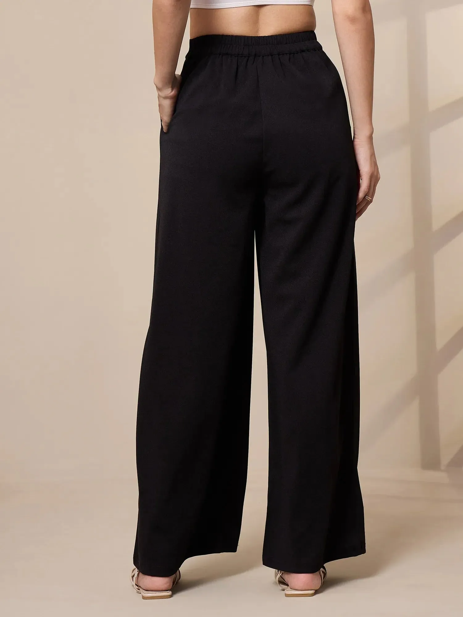 Women Black Pleated Wide Leg Trousers-SFPANT50908