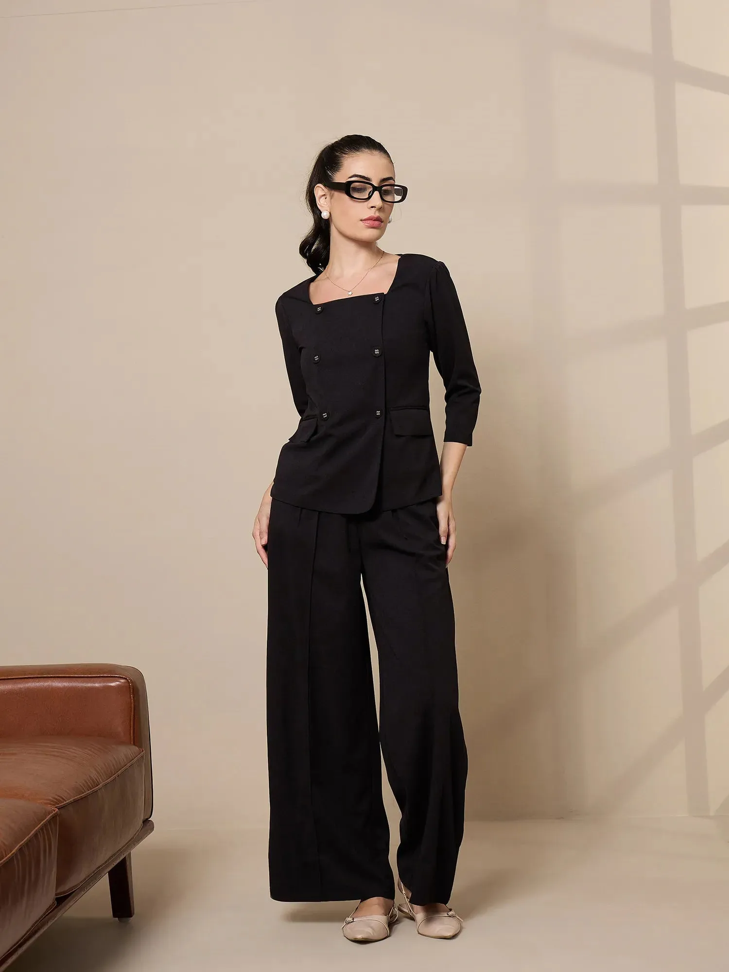 Women Black Pleated Wide Leg Trousers-SFPANT50908
