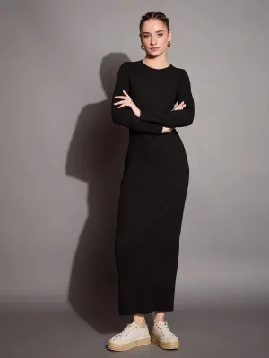 Women Black Ribbed Bodycon Maxi Dress-SFDRSS12401