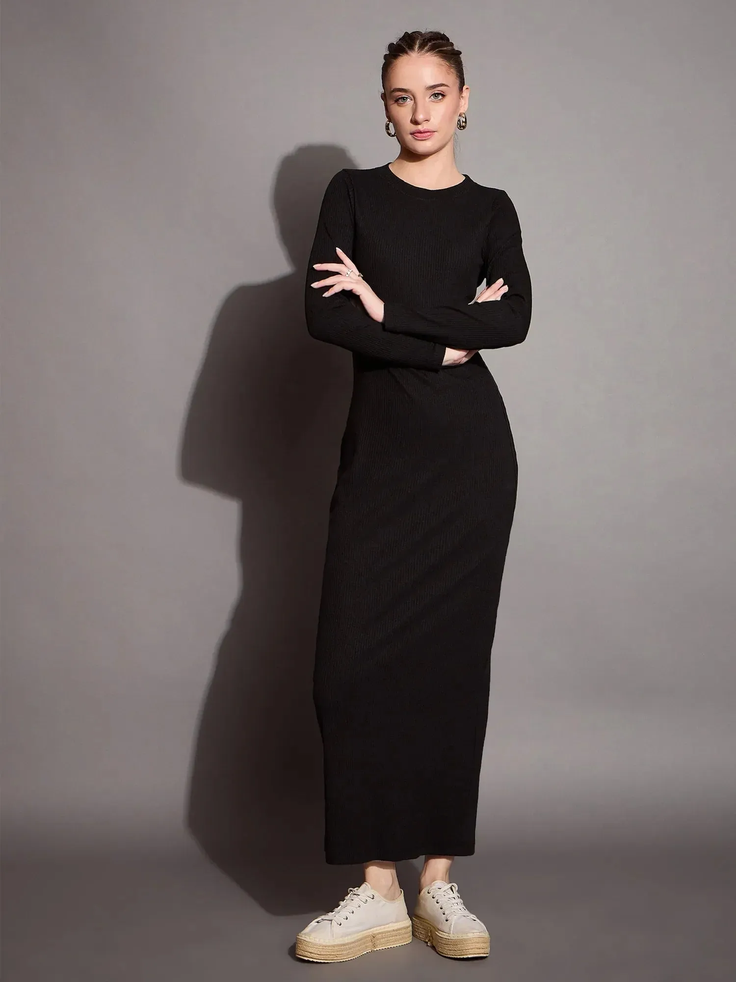 Women Black Ribbed Bodycon Maxi Dress-SFDRSS12401