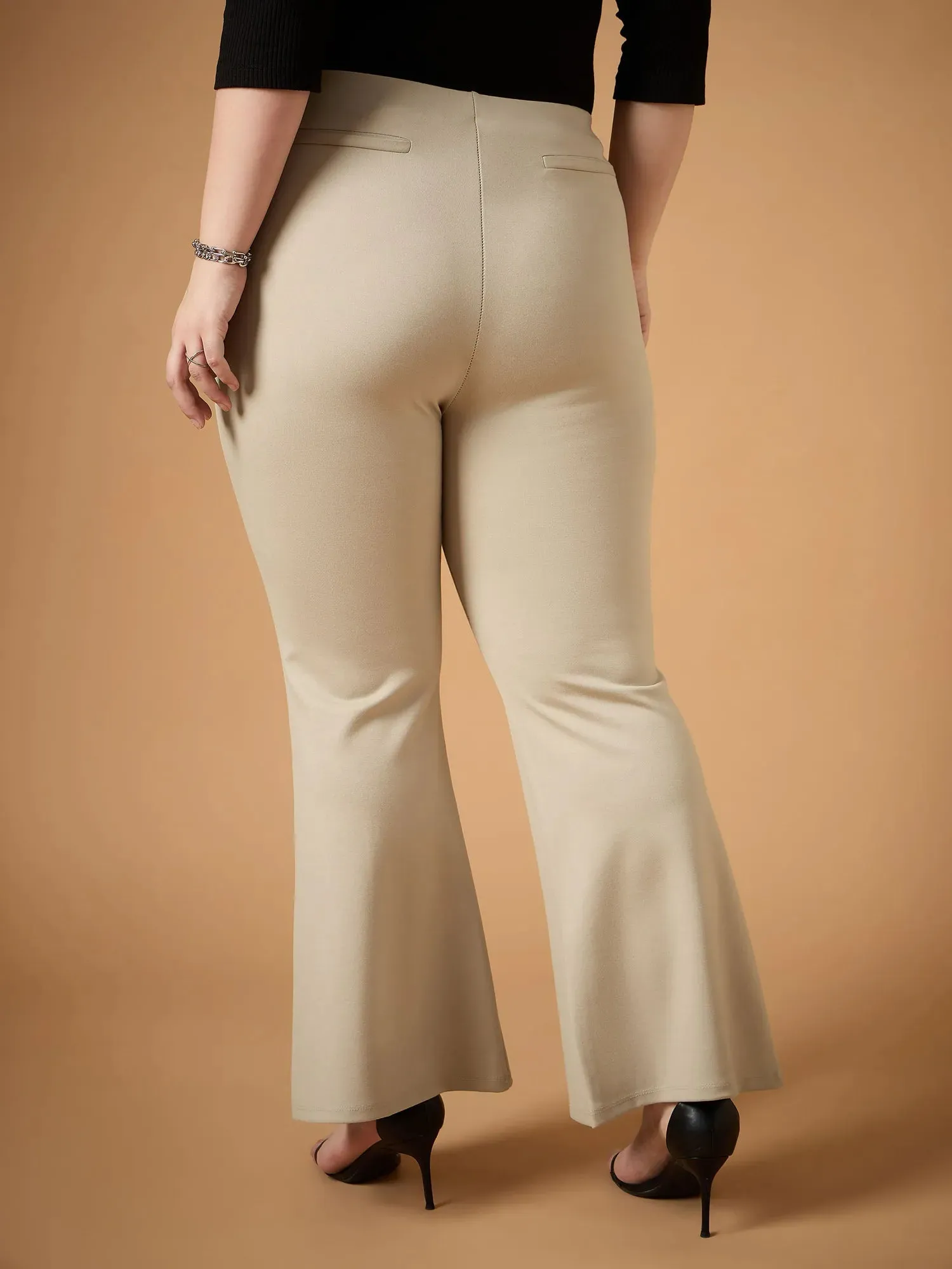 Women Light Beige Flared Bell Bottom Pants-SFPANT50945