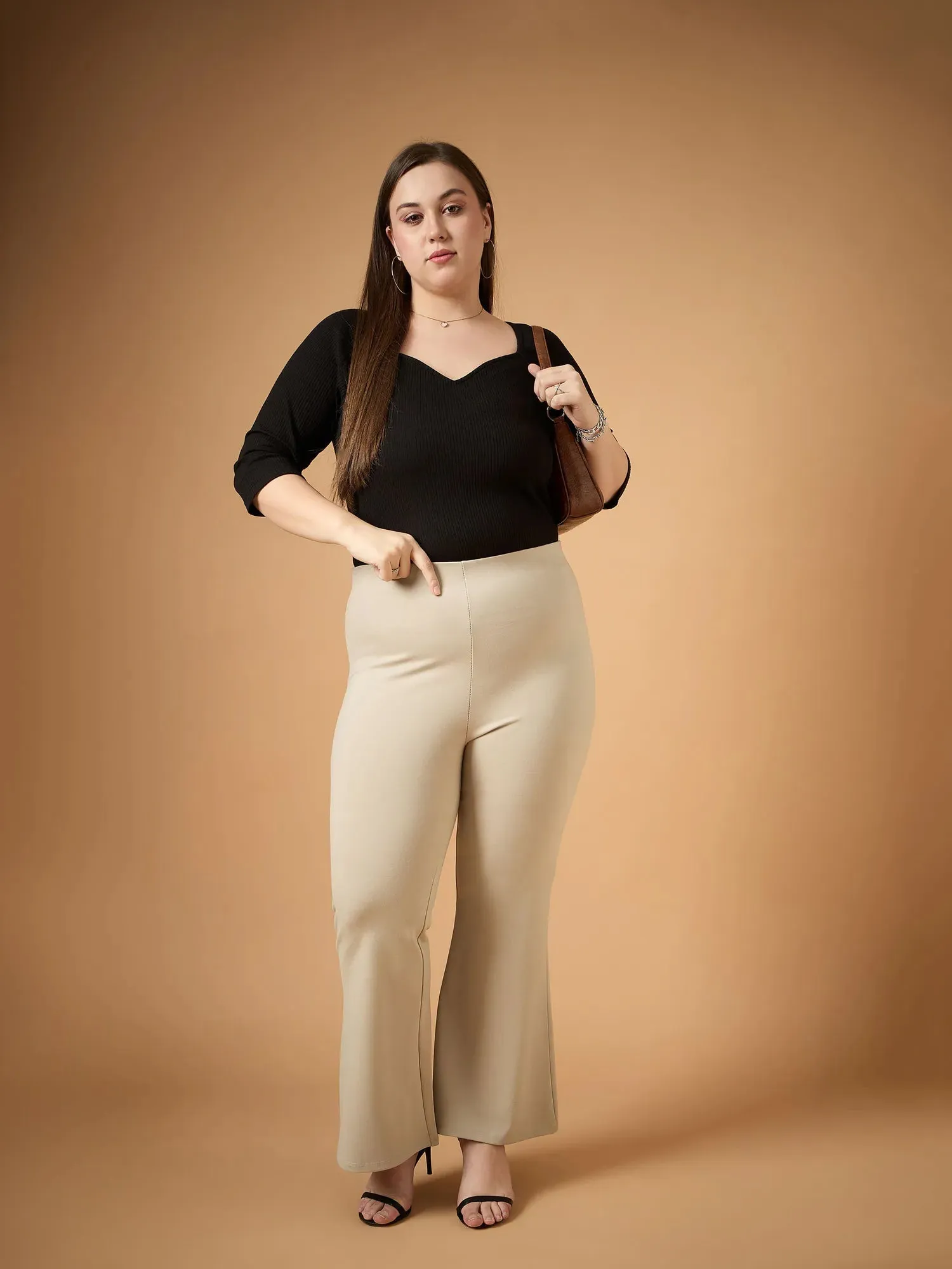 Women Light Beige Flared Bell Bottom Pants-SFPANT50945
