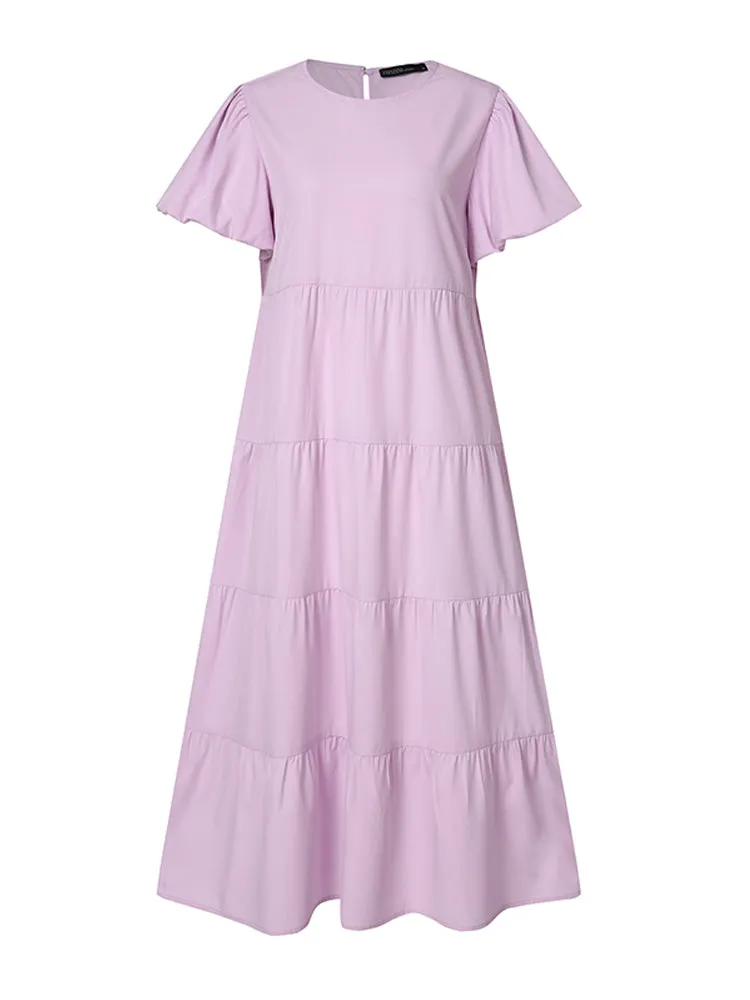 Women Puff Sleeve Round Neck Tiered Simple Solid Color Pleated Maxi Dresses