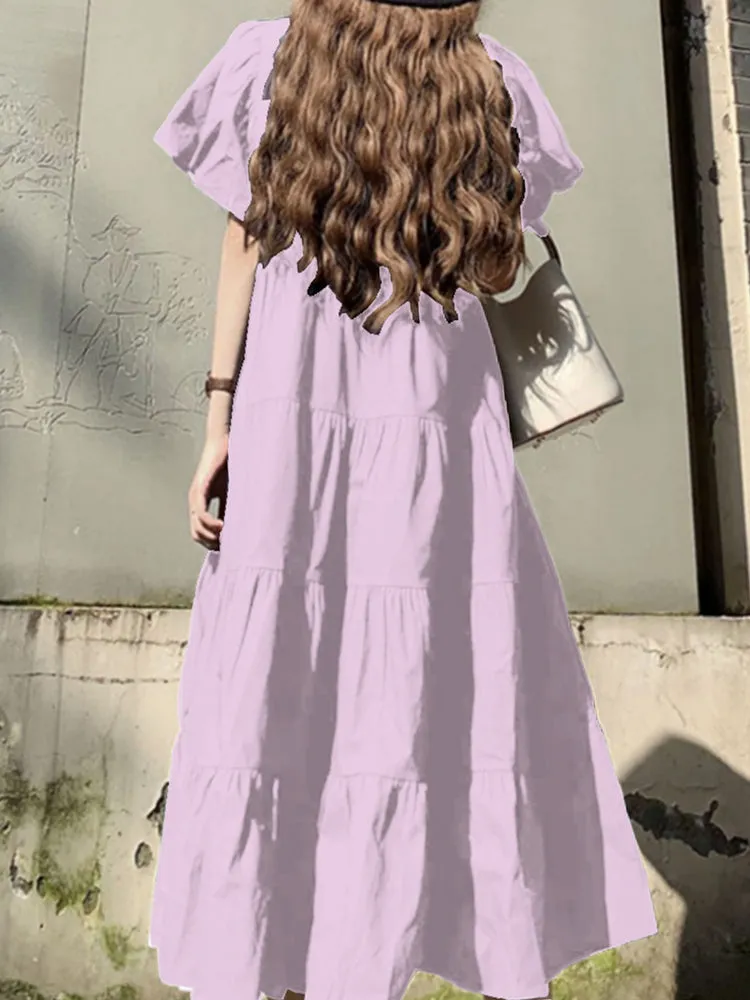 Women Puff Sleeve Round Neck Tiered Simple Solid Color Pleated Maxi Dresses