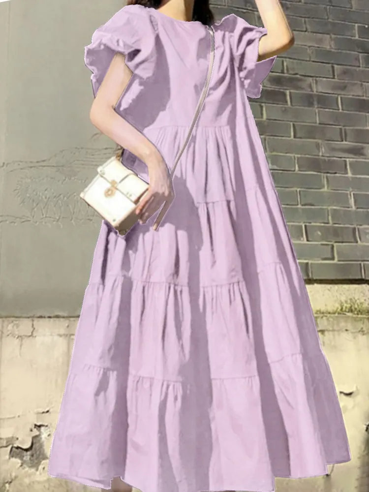 Women Puff Sleeve Round Neck Tiered Simple Solid Color Pleated Maxi Dresses