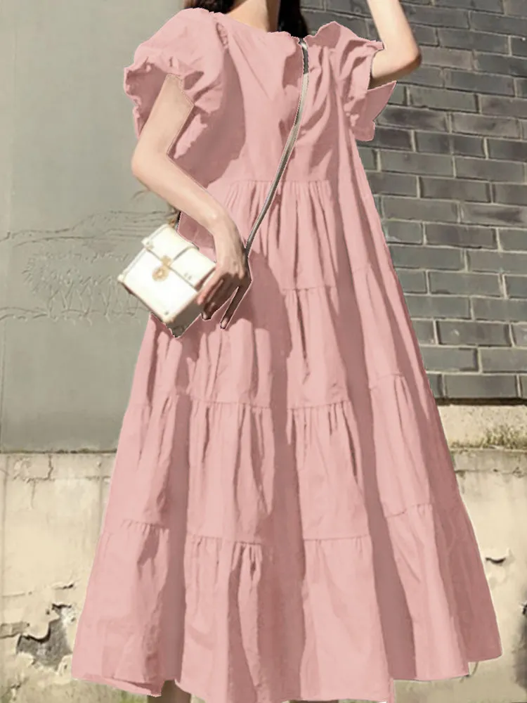 Women Puff Sleeve Round Neck Tiered Simple Solid Color Pleated Maxi Dresses