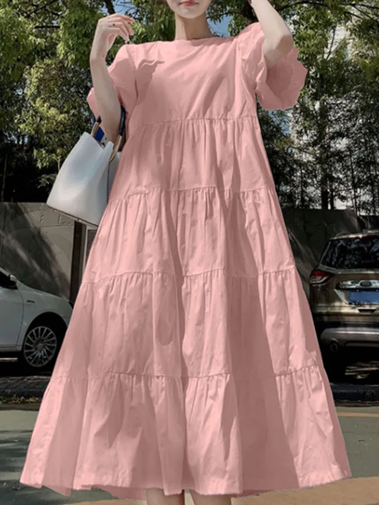 Women Puff Sleeve Round Neck Tiered Simple Solid Color Pleated Maxi Dresses