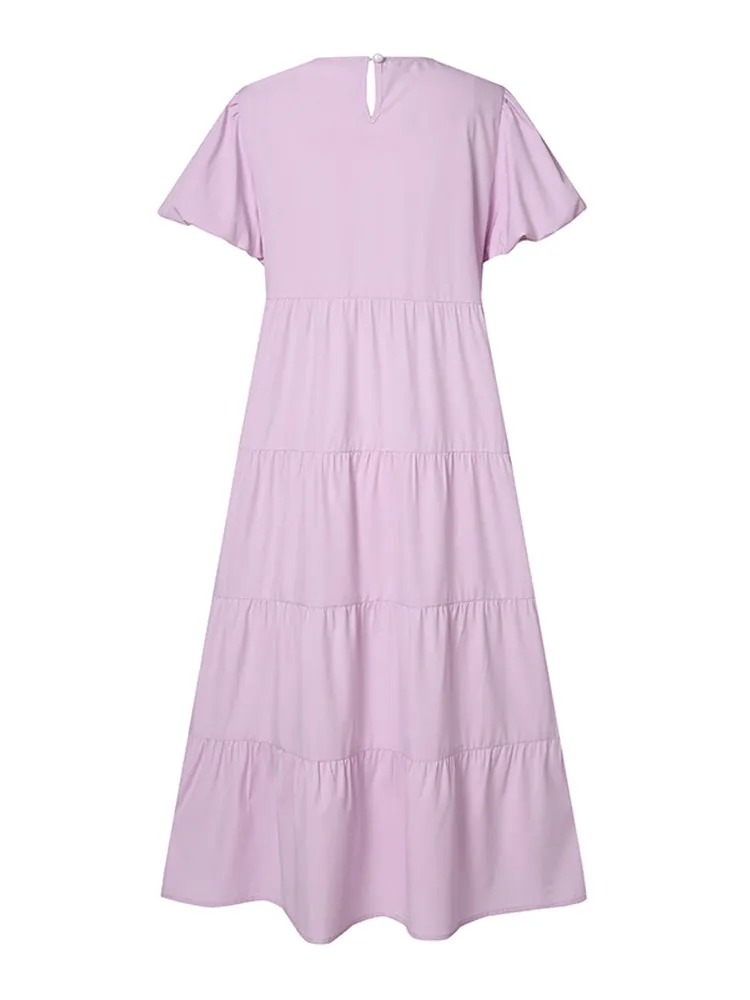 Women Puff Sleeve Round Neck Tiered Simple Solid Color Pleated Maxi Dresses