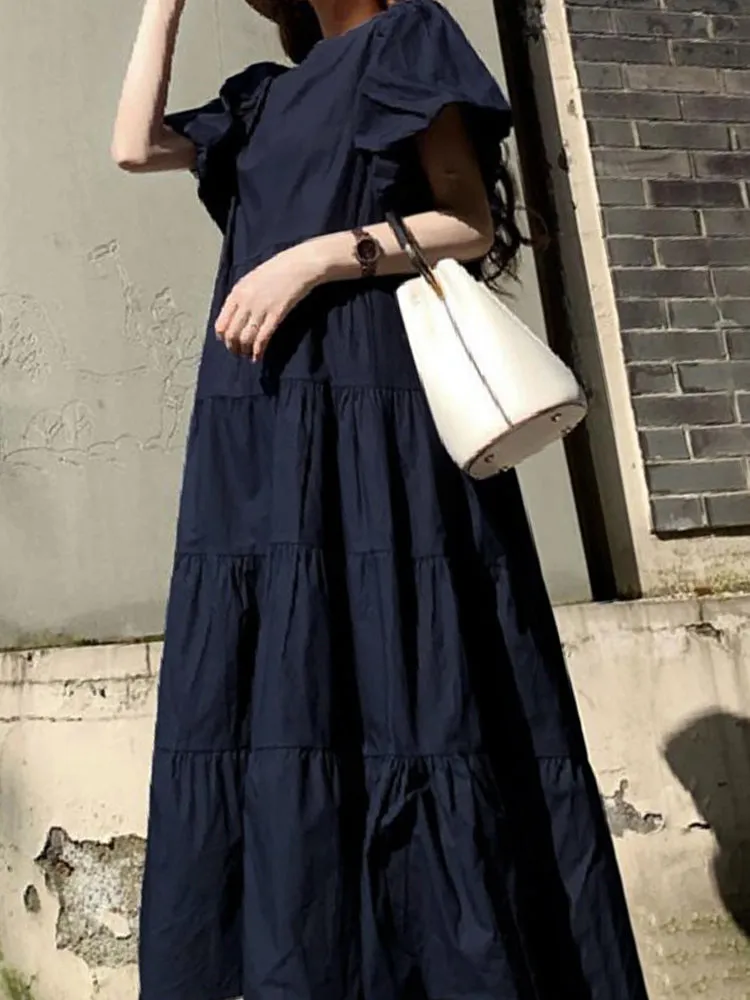 Women Puff Sleeve Round Neck Tiered Simple Solid Color Pleated Maxi Dresses