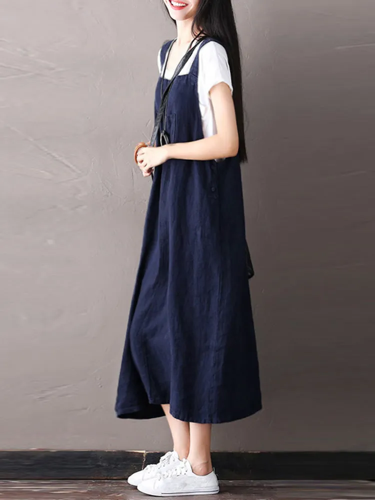 Women Sleeveless Strappy Casual Loose Pure Color Dress