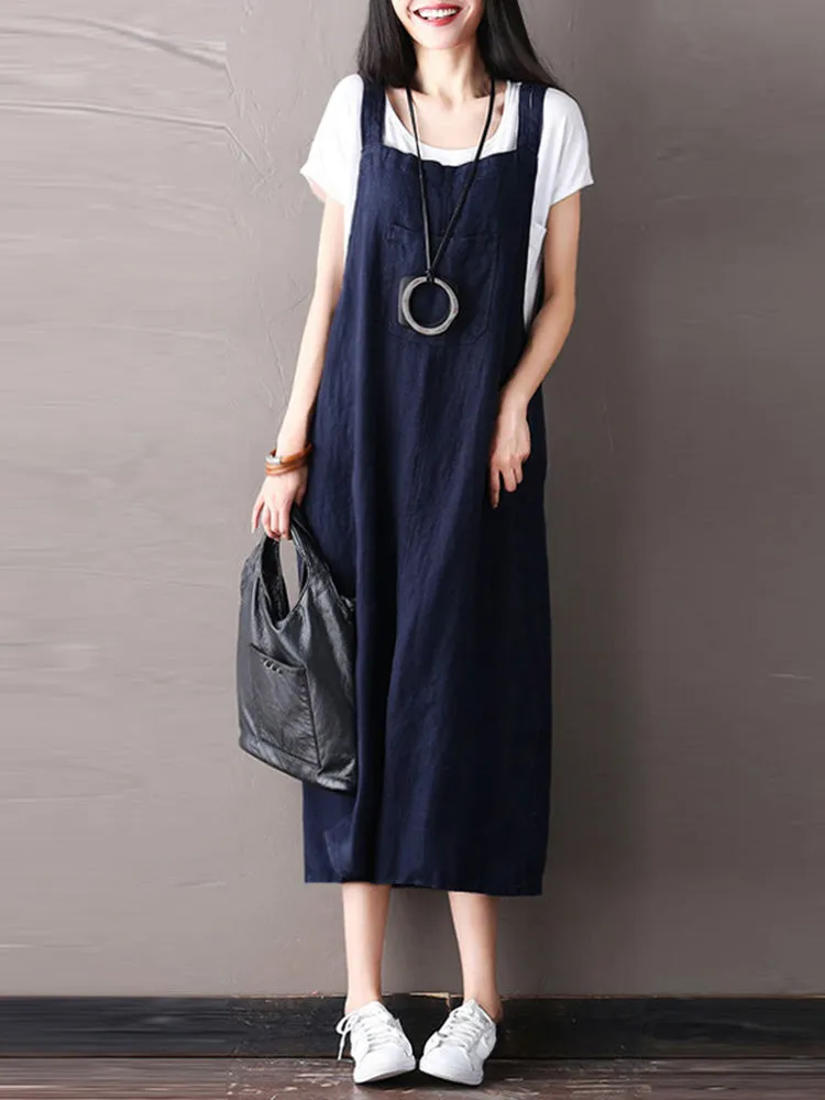 Women Sleeveless Strappy Casual Loose Pure Color Dress