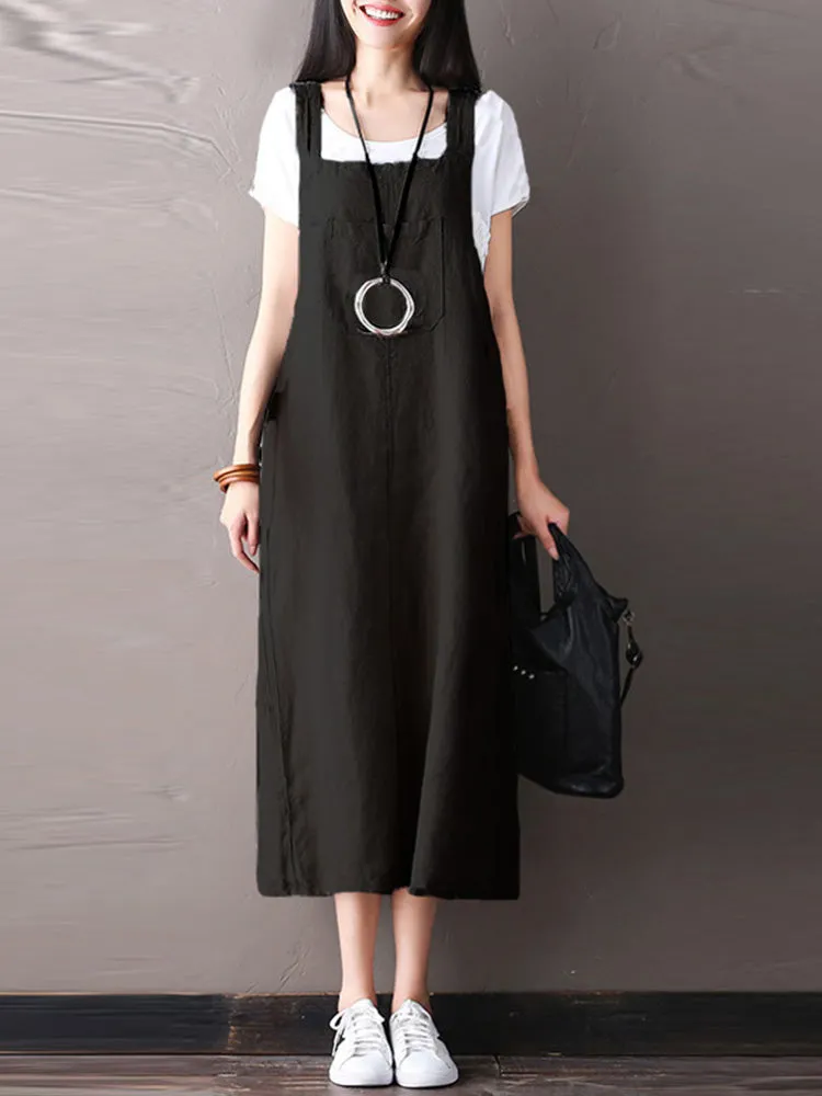 Women Sleeveless Strappy Casual Loose Pure Color Dress