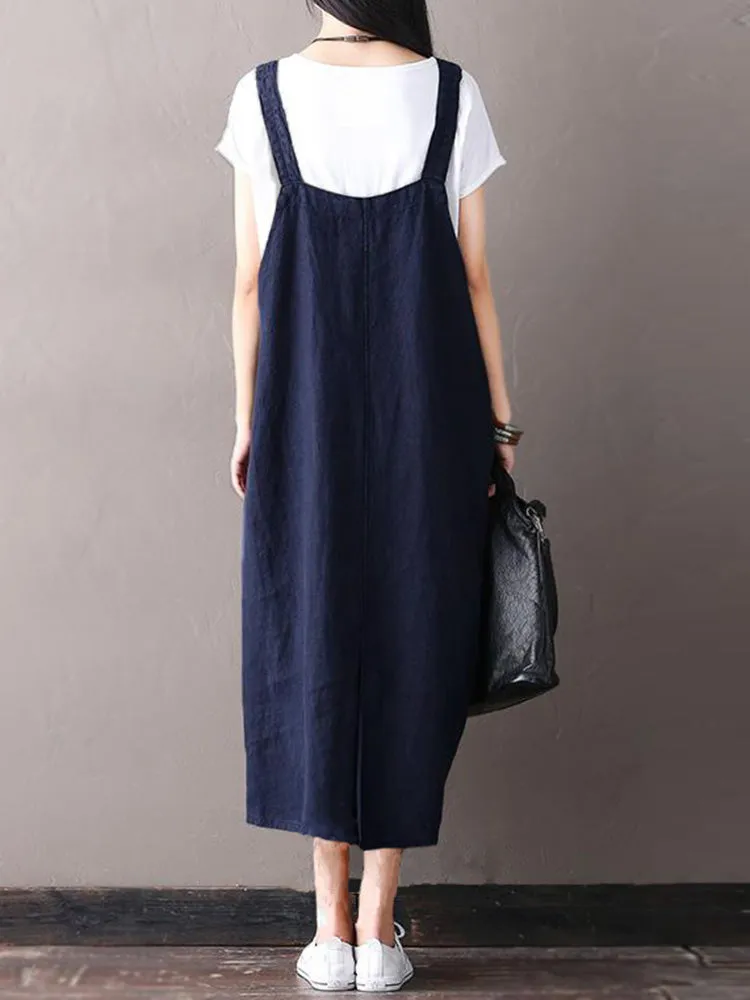 Women Sleeveless Strappy Casual Loose Pure Color Dress