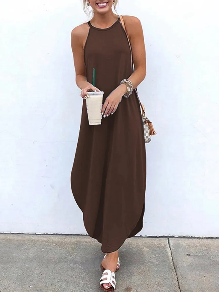 Women Sleeveless Straps High Low Hem Solid Causal Maxi Dress