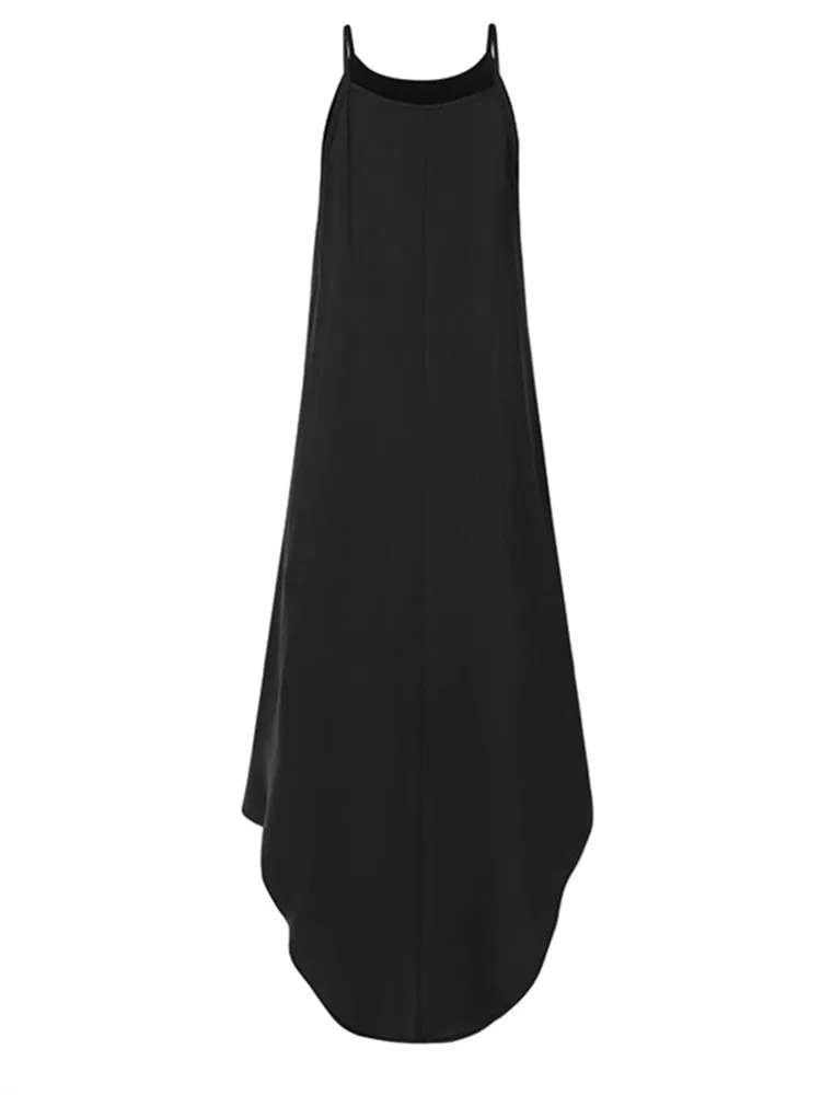 Women Sleeveless Straps High Low Hem Solid Causal Maxi Dress