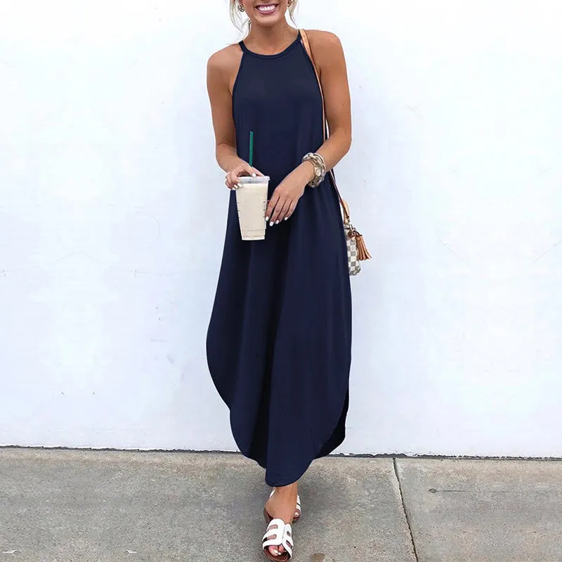 Women Sleeveless Straps High Low Hem Solid Causal Maxi Dress