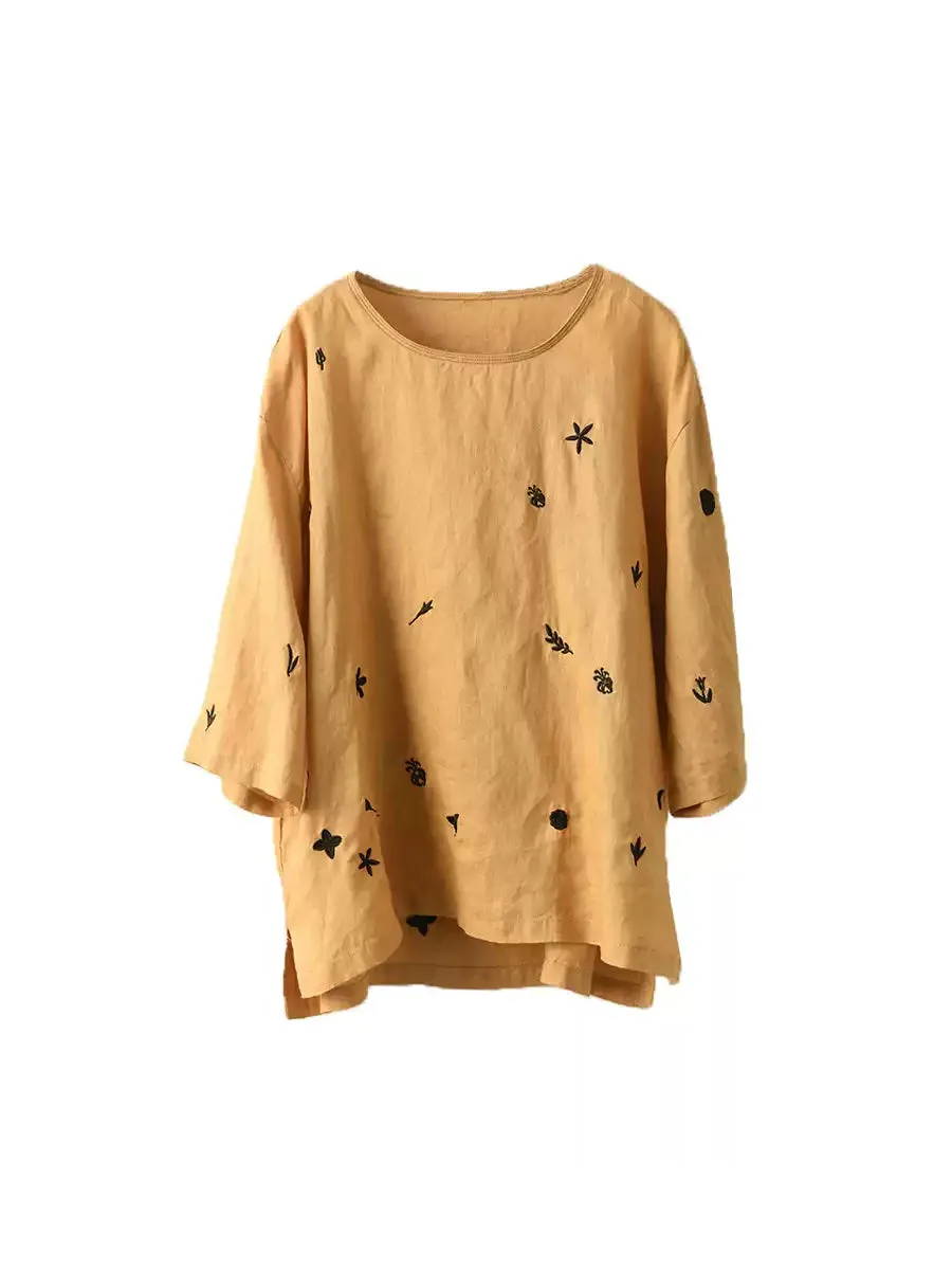 Women Spring O-Neck Flower Embroidery 100%Linen Shirt