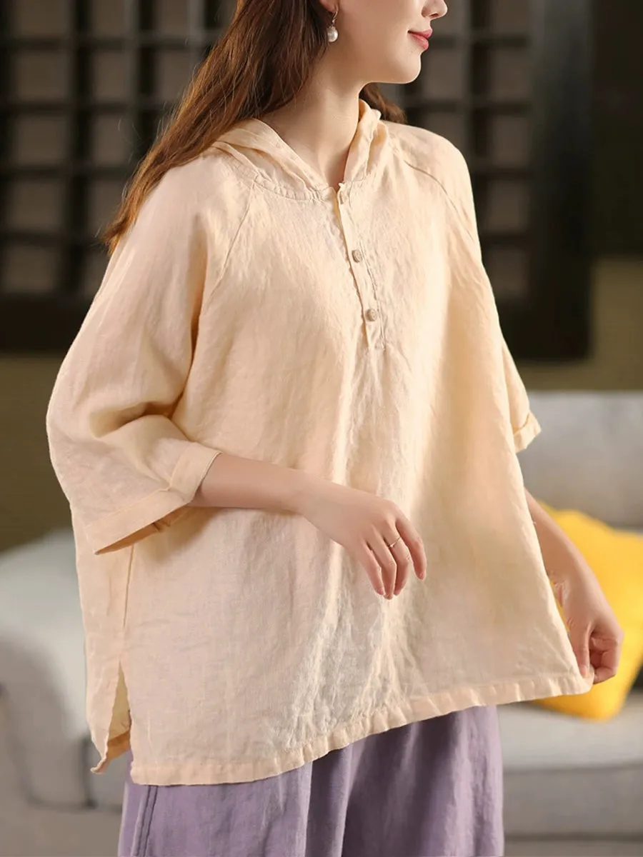 Women Summer Artsy Pure Color Hooded 100%Linen Shirt