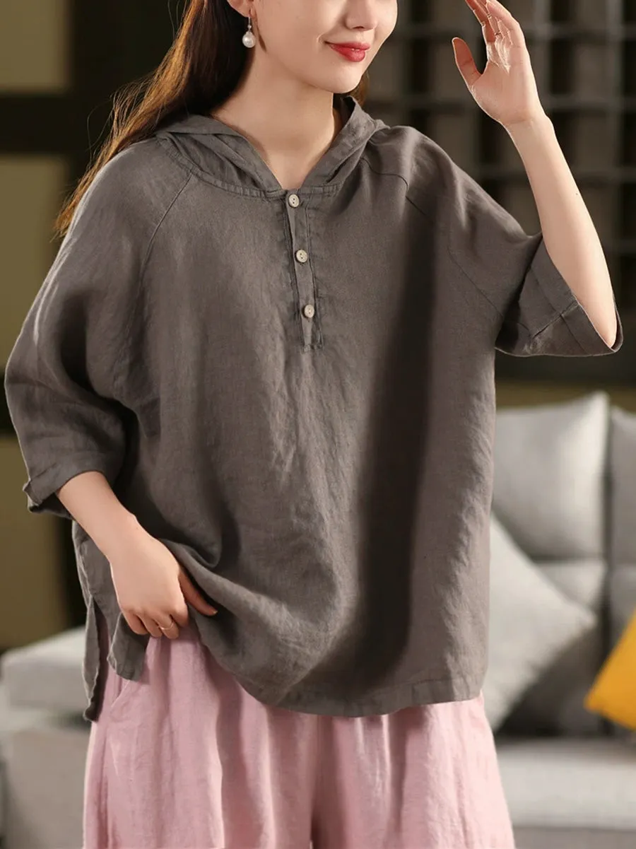 Women Summer Artsy Pure Color Hooded 100%Linen Shirt