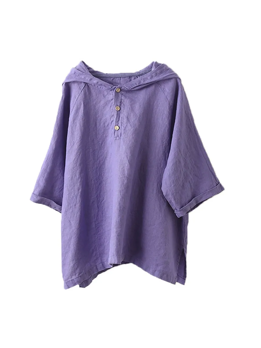Women Summer Artsy Pure Color Hooded 100%Linen Shirt
