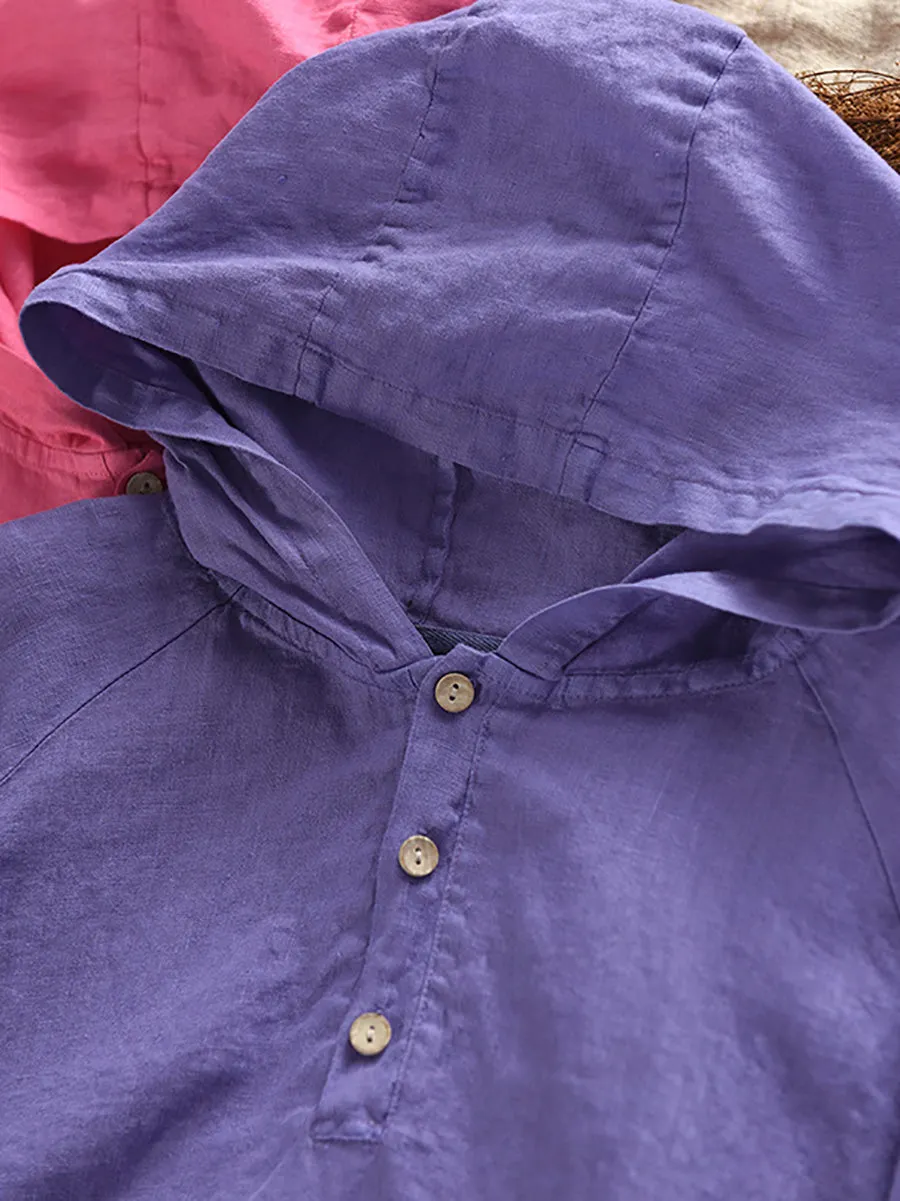 Women Summer Artsy Pure Color Hooded 100%Linen Shirt