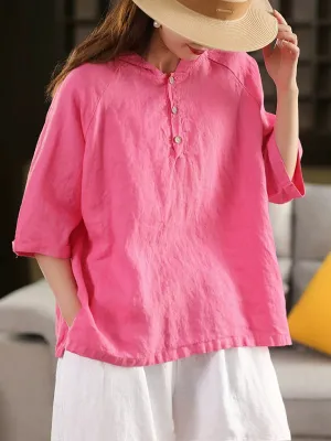 Women Summer Artsy Pure Color Hooded 100%Linen Shirt