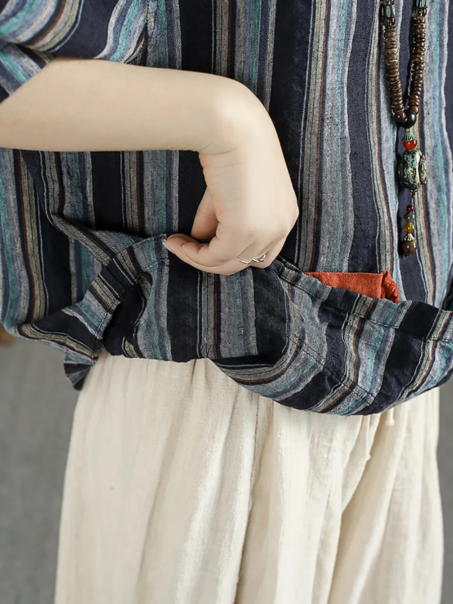 Women Summer Artsy Stripe O-Neck 100%Linen Shirt
