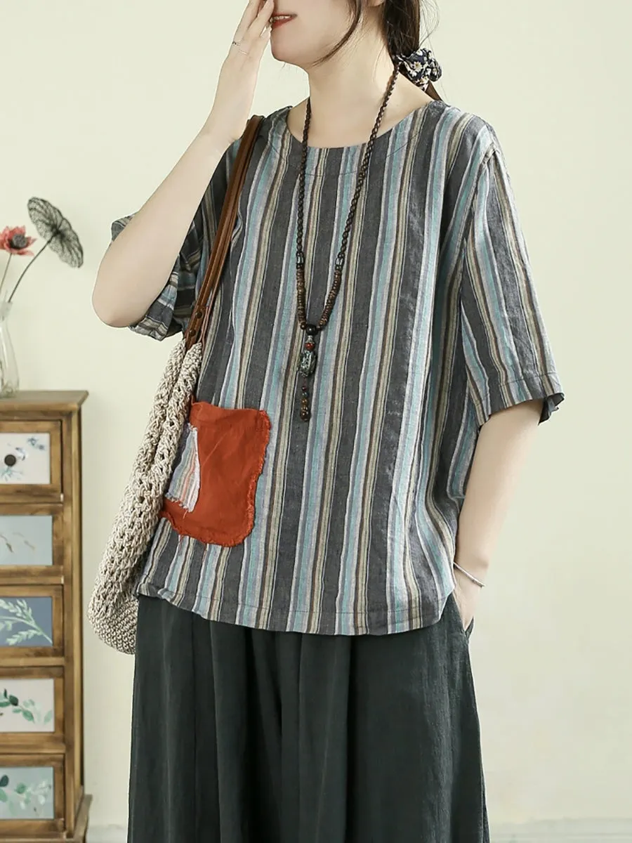 Women Summer Artsy Stripe O-Neck 100%Linen Shirt