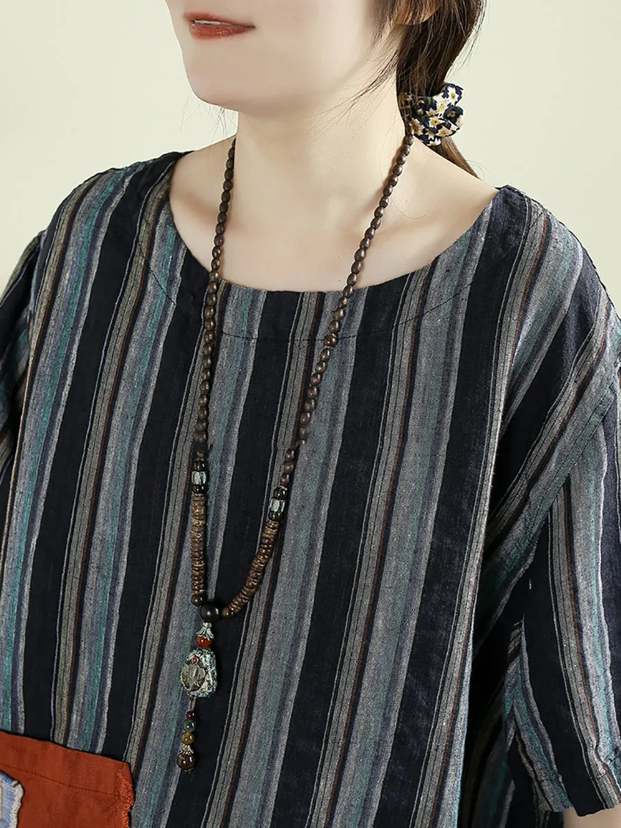Women Summer Artsy Stripe O-Neck 100%Linen Shirt