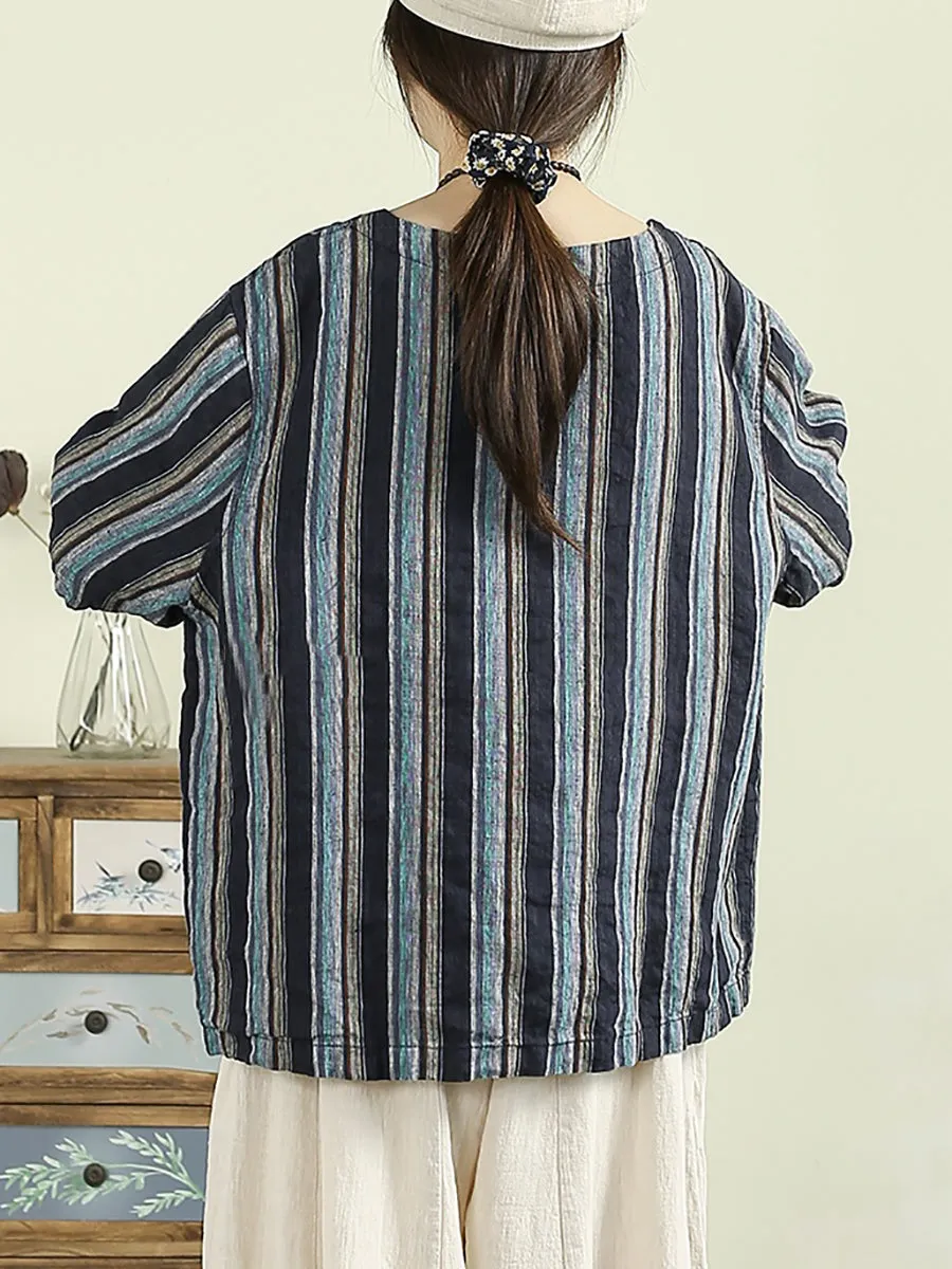 Women Summer Artsy Stripe O-Neck 100%Linen Shirt