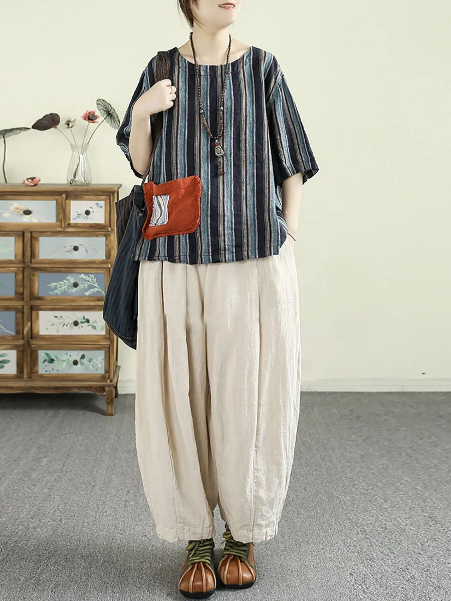 Women Summer Artsy Stripe O-Neck 100%Linen Shirt