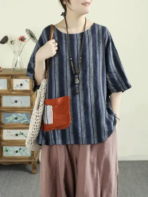 Women Summer Artsy Stripe O-Neck 100%Linen Shirt