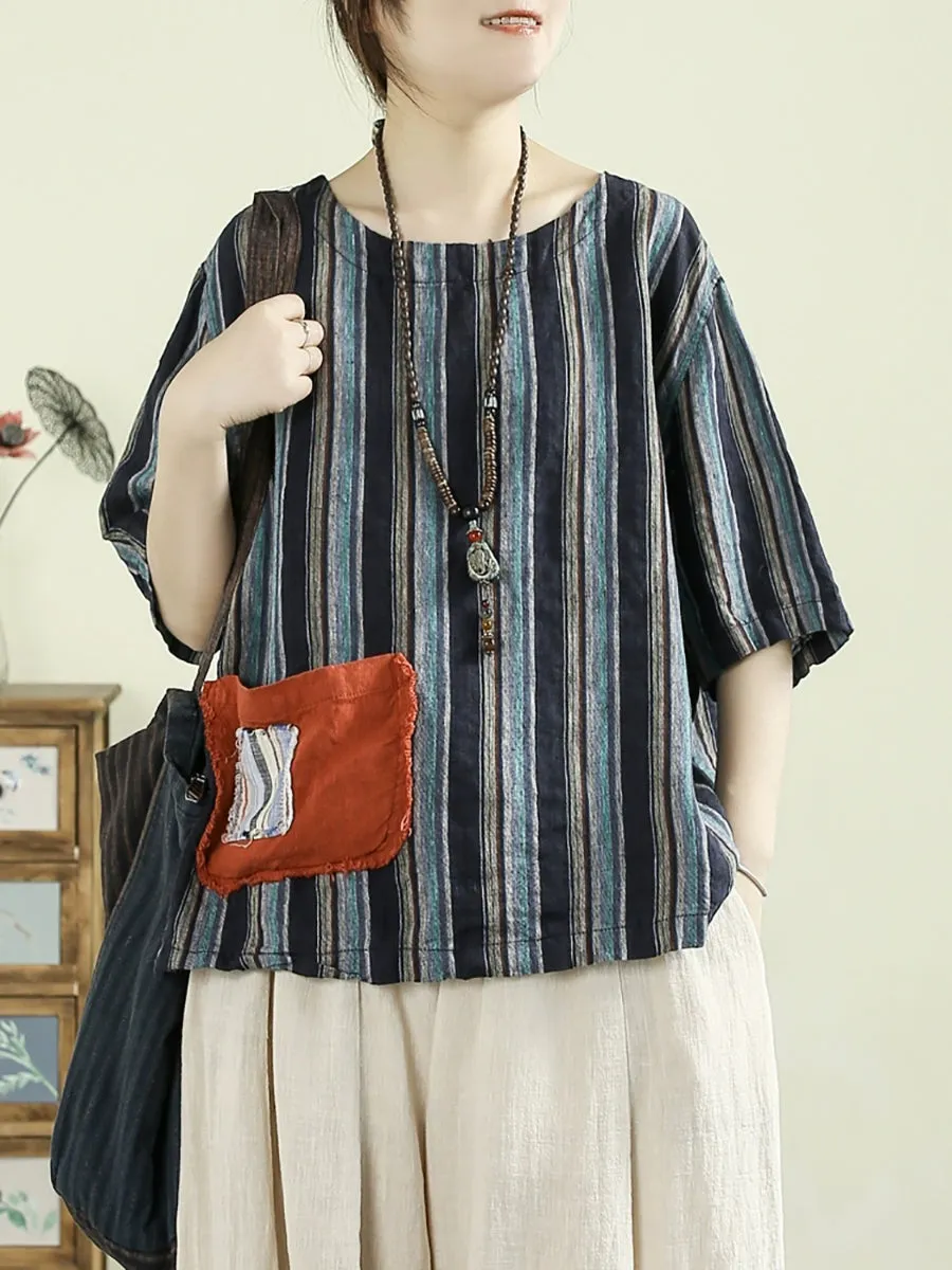 Women Summer Artsy Stripe O-Neck 100%Linen Shirt
